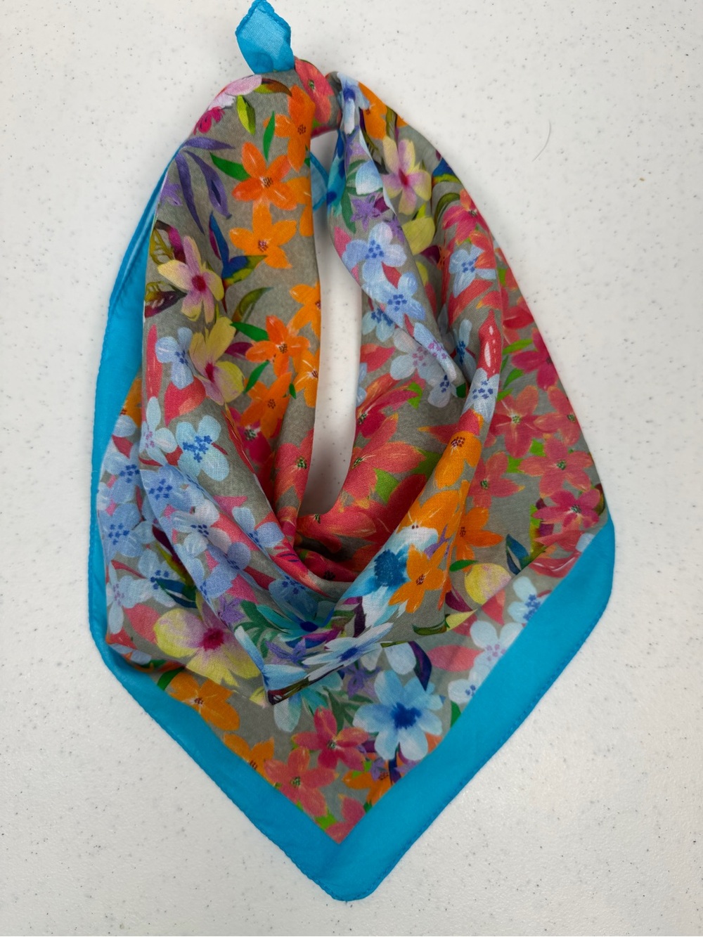 Anthropologie Floral Rectangular Scarf Blue Border Lightweight Sheer Boho Spring